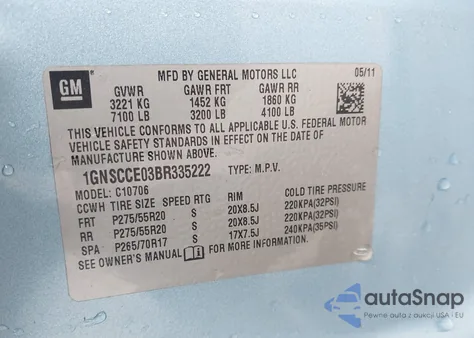 2011 Chevrolet Tahoe Ltz from USA, damaged, VIN 1GNSCCE03BR335222